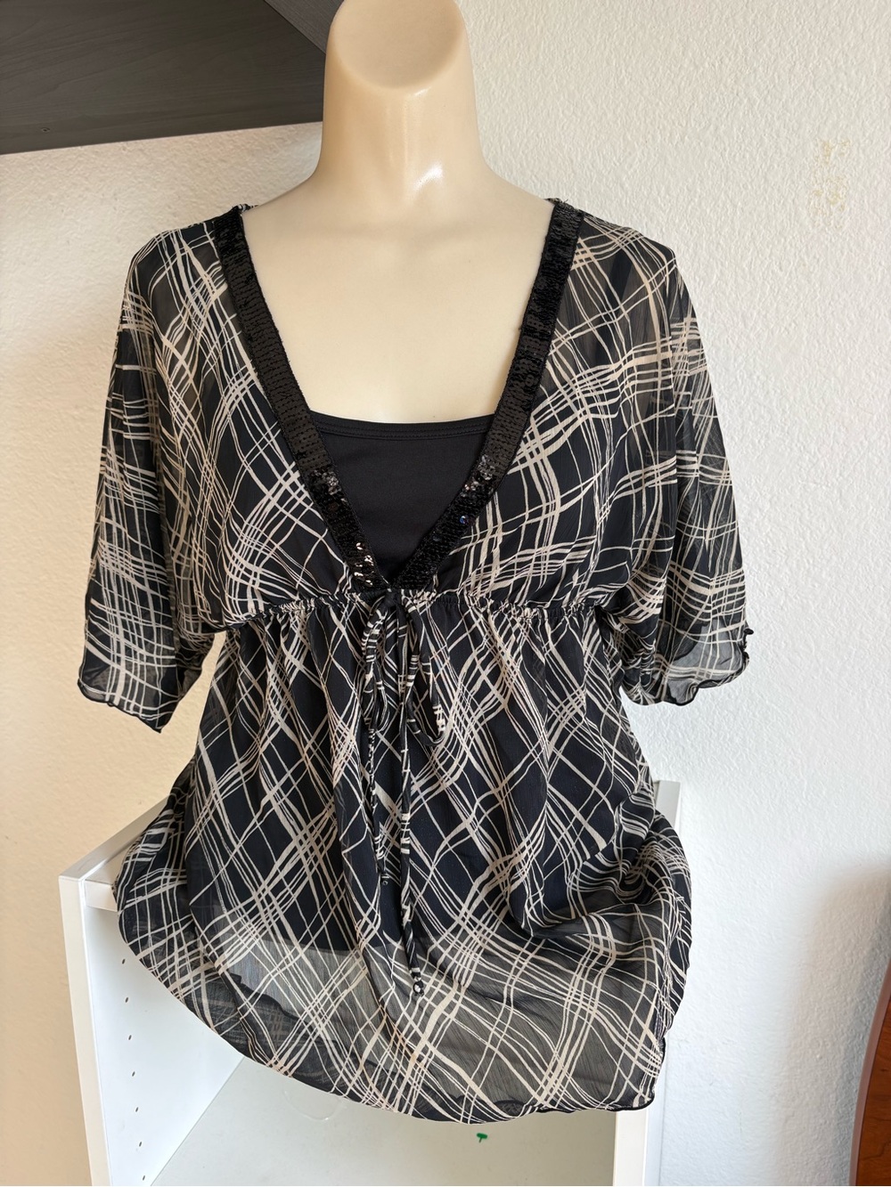 Ally B Black and Cream Plaid V-Neck Babydoll Blouse